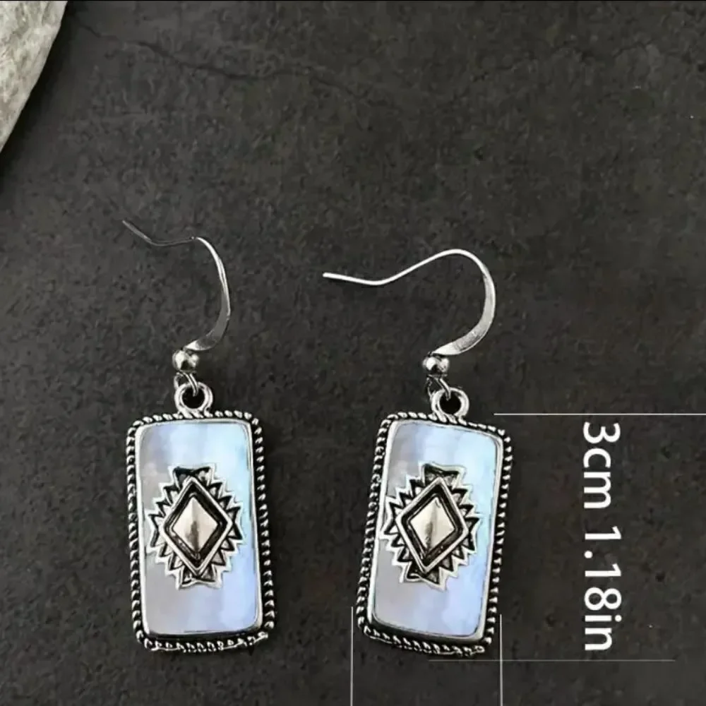 Boho western white gold plated rectangular earrings